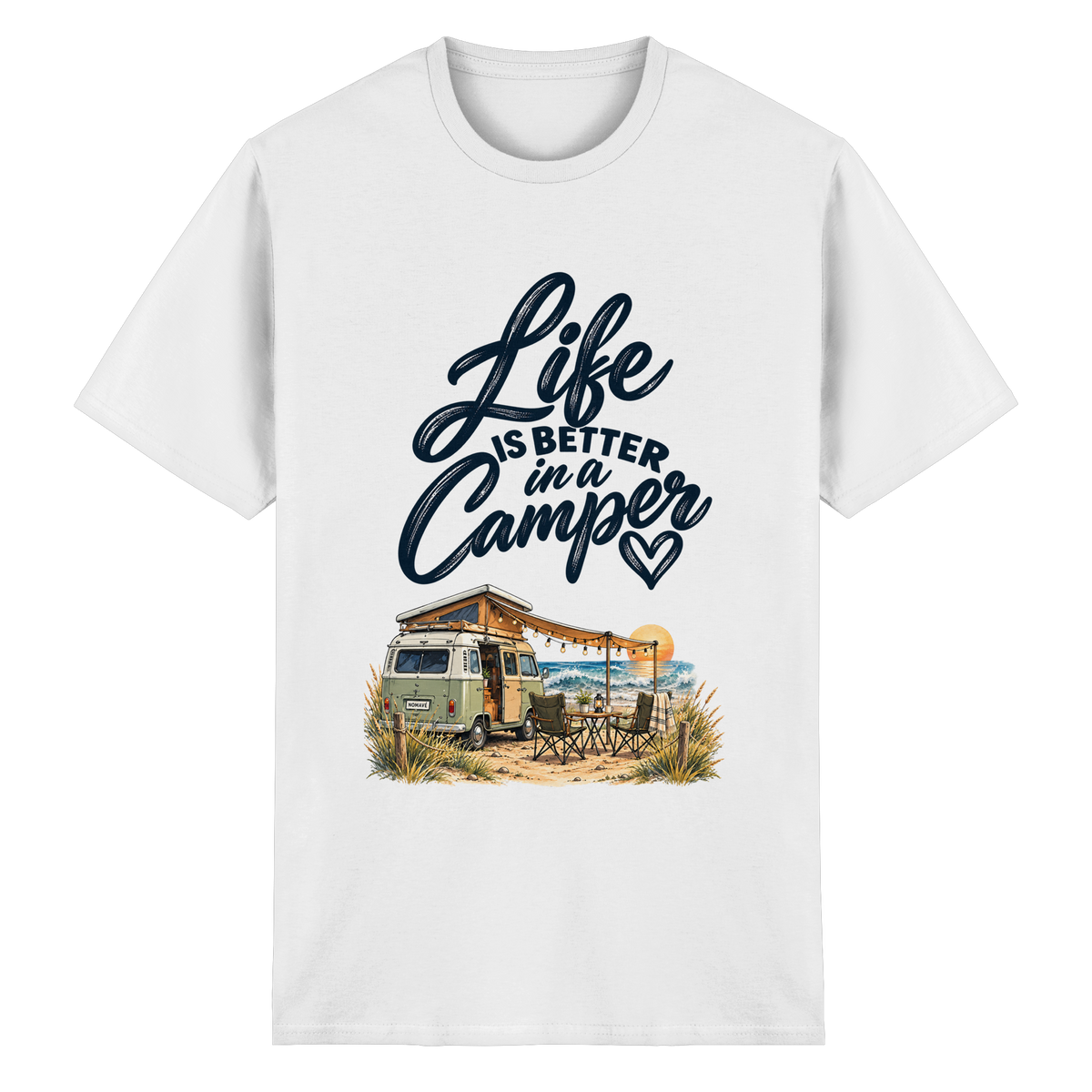 Essential T-Shirt mit „Life is better in a Camper“-Motiv – Vorderansicht in White für Vanlife- und Campingfans