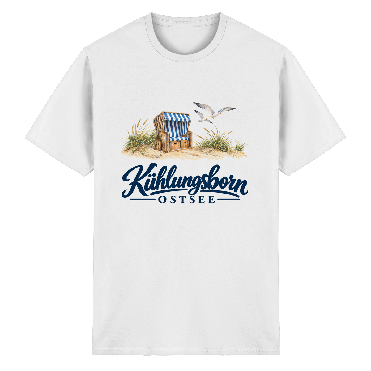 Unisex-T-Shirt Heavy Cotton Kühlungsborn – Strandkorb & Ostsee in White, Shirtigo-Originalmockup der Vorderseite mit Strandkorbmotiv.