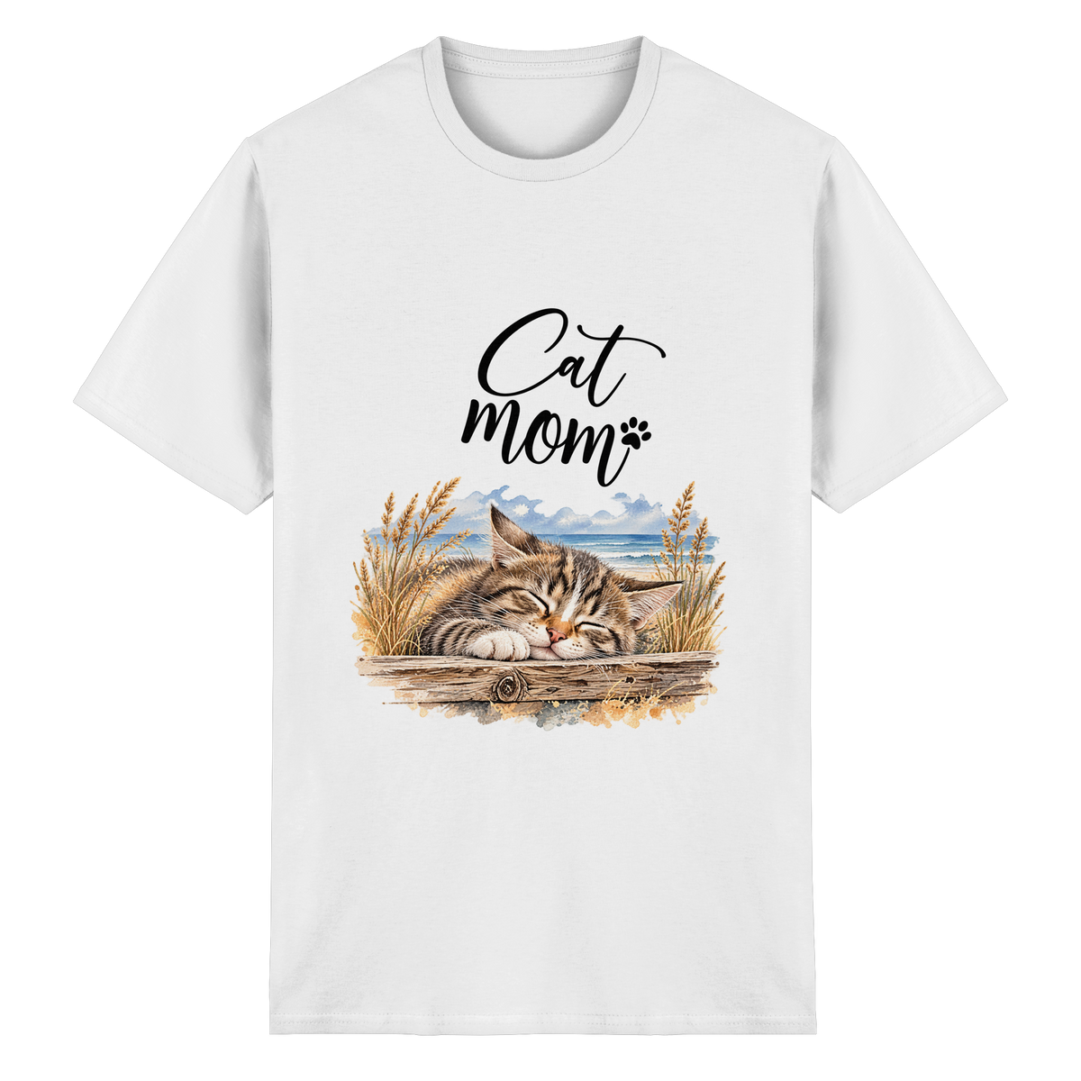 Unisex Heavy-Cotton-T-Shirt in White mit Cat-Mom-Katzenmotiv als Frontprint – Vorderansicht im Original-Mockup.