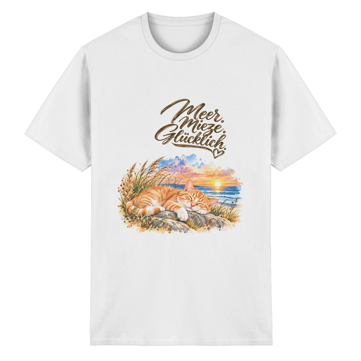 Original-Mockup: Unisex Heavy-Cotton-T-Shirt in White mit Meer. Mieze. Glücklich.-Katzenmotiv auf der Vorderseite.