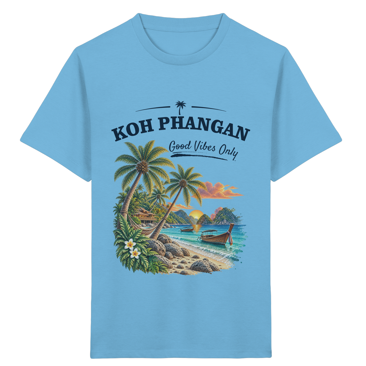 Koh Phangan Good Vibes Only – Kinder Bio T-Shirt – Frontprint – Original-Mockup kids organic shirt aqua blue mit Motivdruck