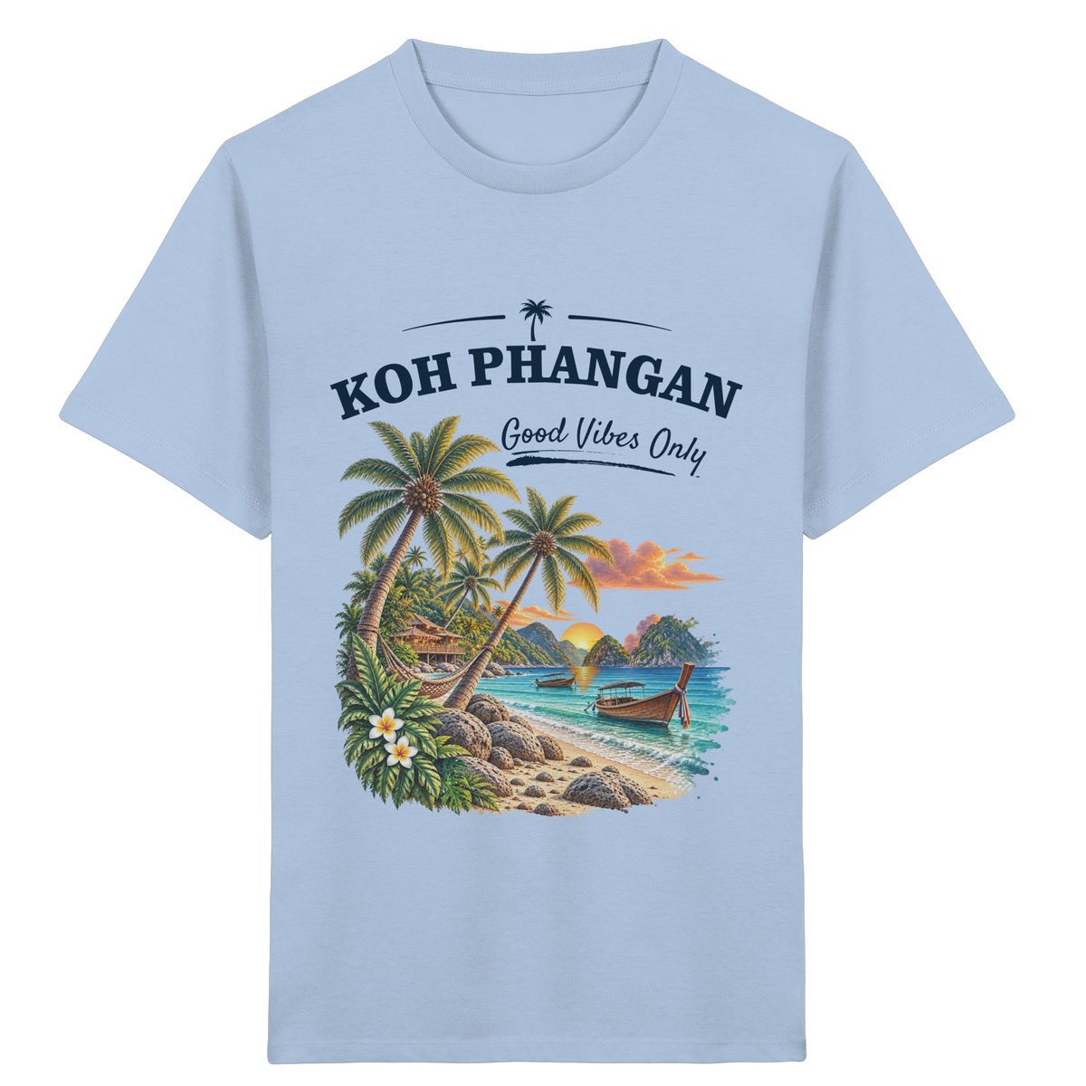 Koh Phangan Good Vibes Only – Kinder Bio T-Shirt – Frontprint – Original-Mockup kids organic shirt blue soul mit Motivdruck