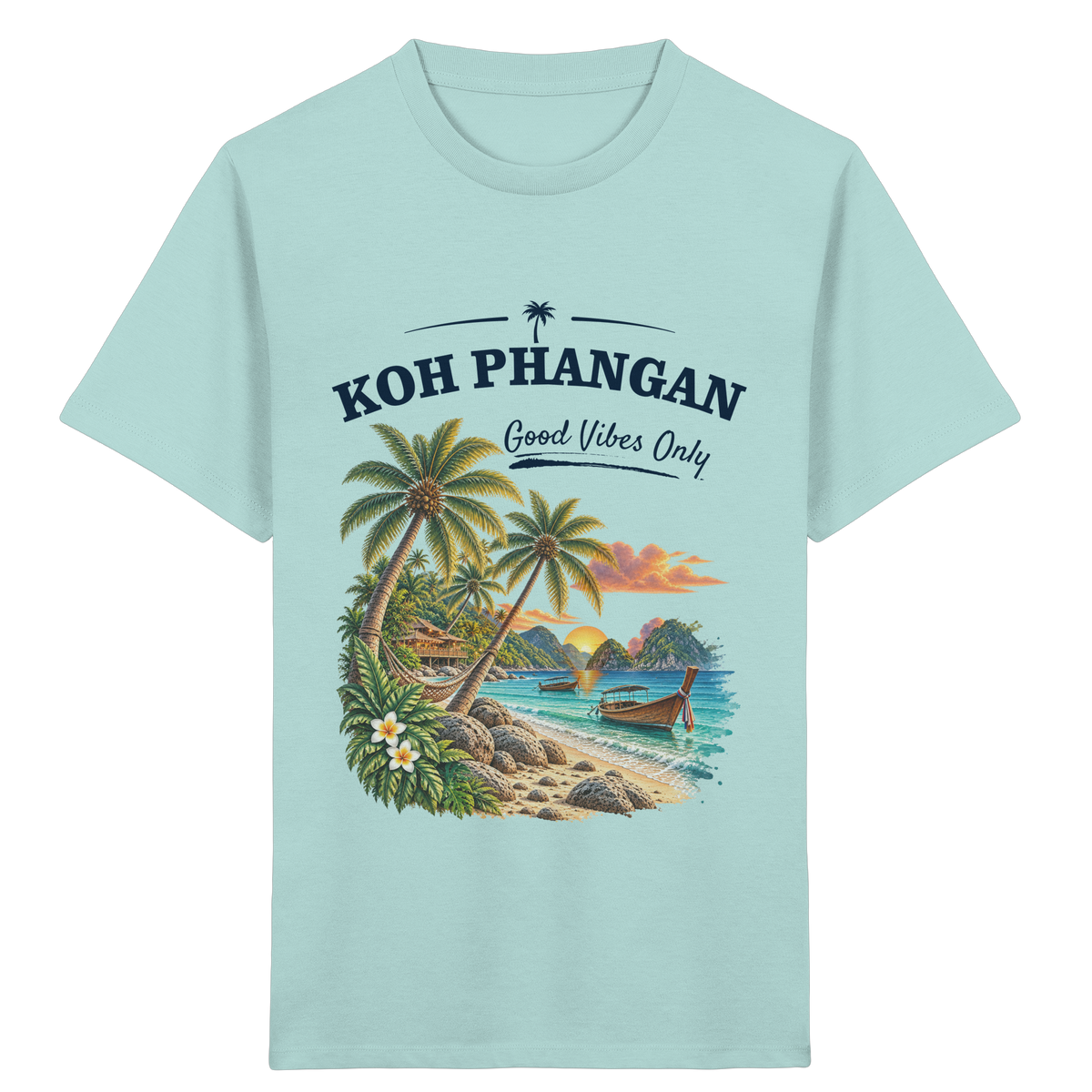 Koh Phangan Good Vibes Only – Kinder Bio T-Shirt – Frontprint – Original-Mockup kids organic shirt caribbean blue mit Motivdruck