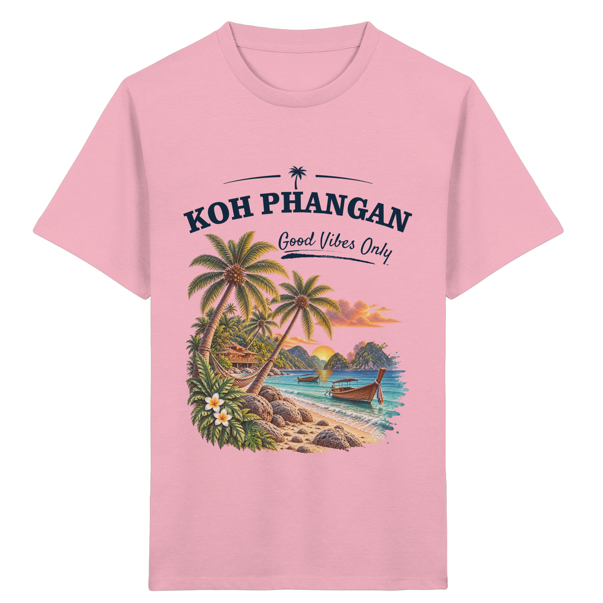 Koh Phangan Good Vibes Only – Kinder Bio T-Shirt – Frontprint – Original-Mockup kids organic shirt cotton pink mit Motivdruck