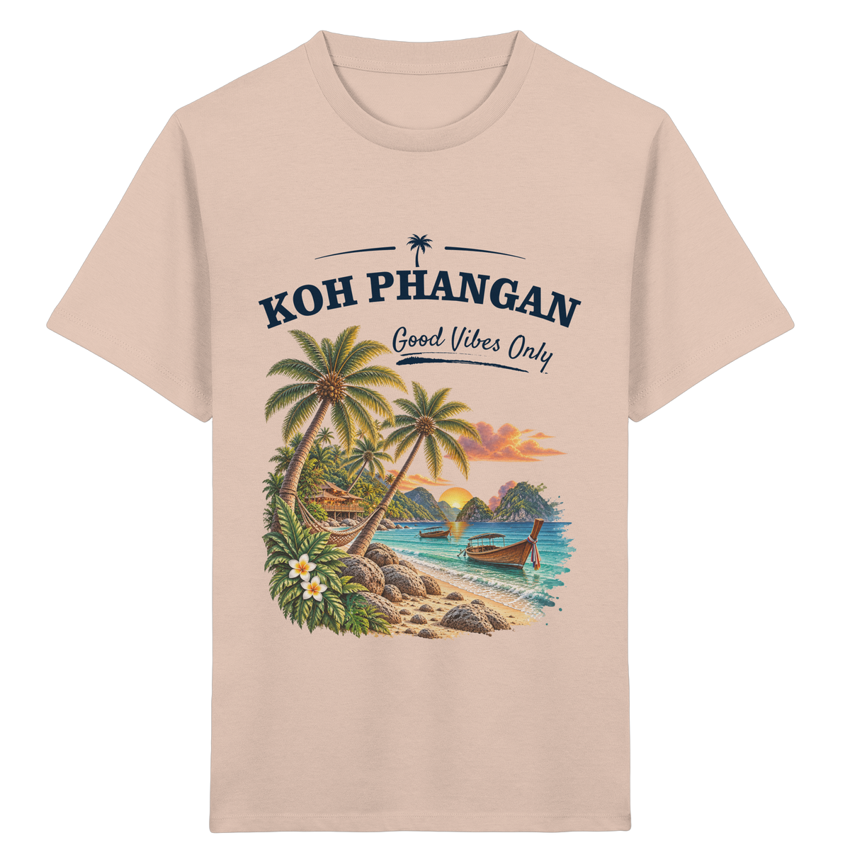 Koh Phangan Good Vibes Only – Kinder Bio T-Shirt – Frontprint – Original-Mockup kids organic shirt fraiche peche mit Motivdruck