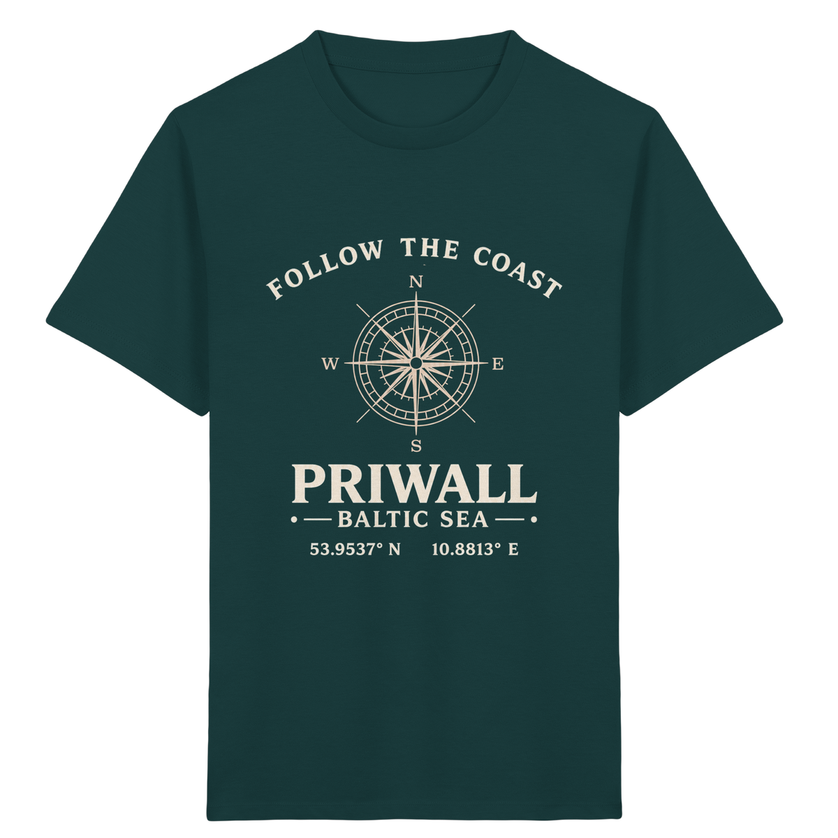 Dunkelgrünes Priwall Follow the Coast Kinder-Bio-T-Shirt mit Kompass-Frontprint