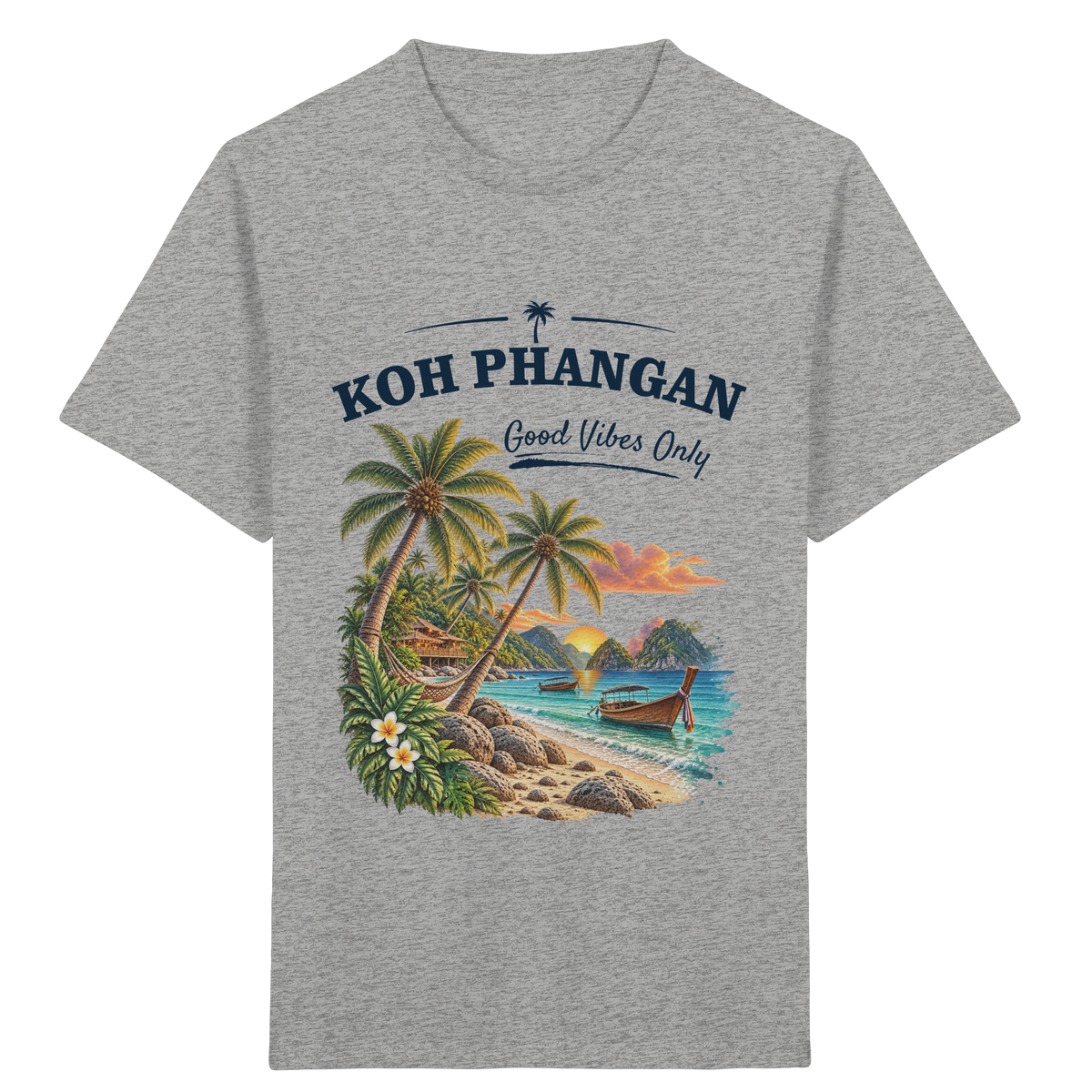 Koh Phangan Good Vibes Only – Kinder Bio T-Shirt – Frontprint – Original-Mockup kids organic shirt heather grey mit Motivdruck