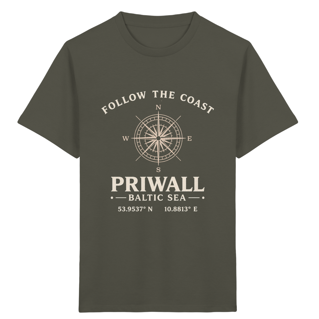 Khakifarbenes Priwall Follow the Coast Kinder-Bio-T-Shirt mit Kompass-Frontprint