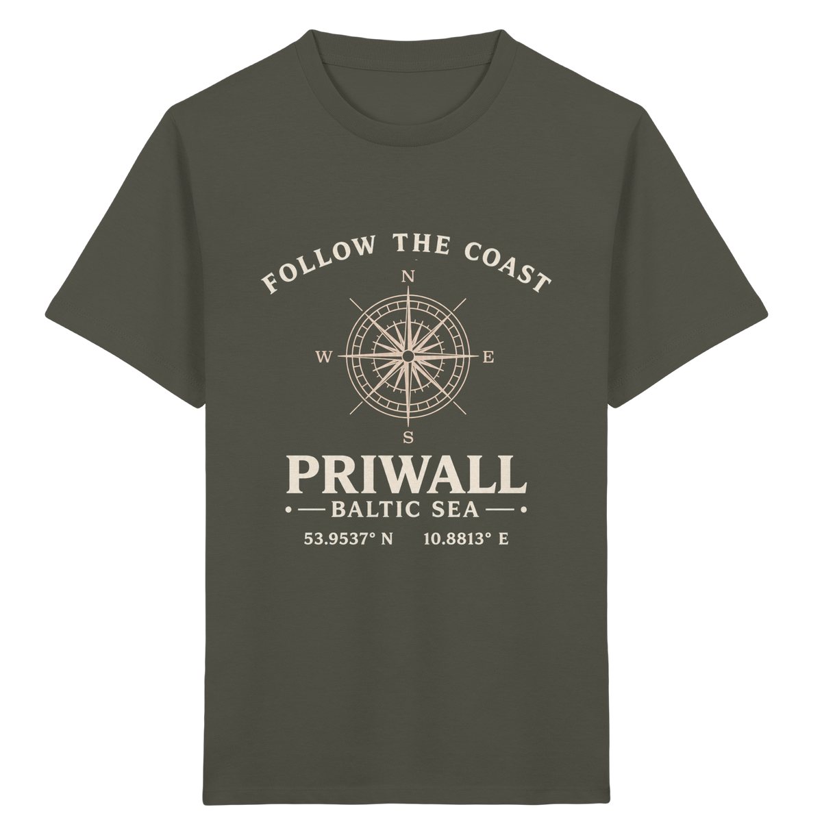 Khakifarbenes Priwall Follow the Coast Kinder-Bio-T-Shirt mit Kompass-Frontprint