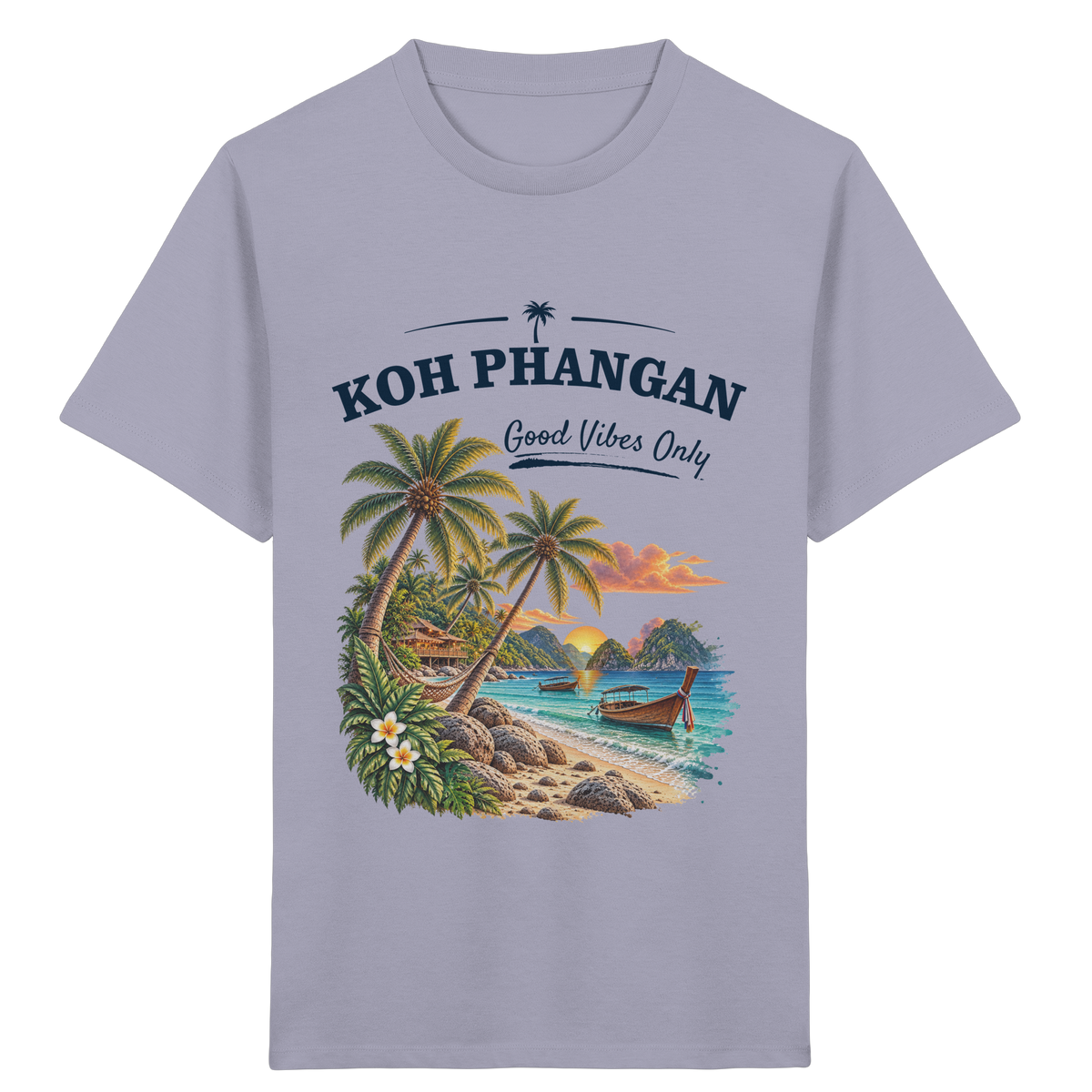 Koh Phangan Good Vibes Only – Kinder Bio T-Shirt – Frontprint – Original-Mockup kids organic shirt lavender mit Motivdruck
