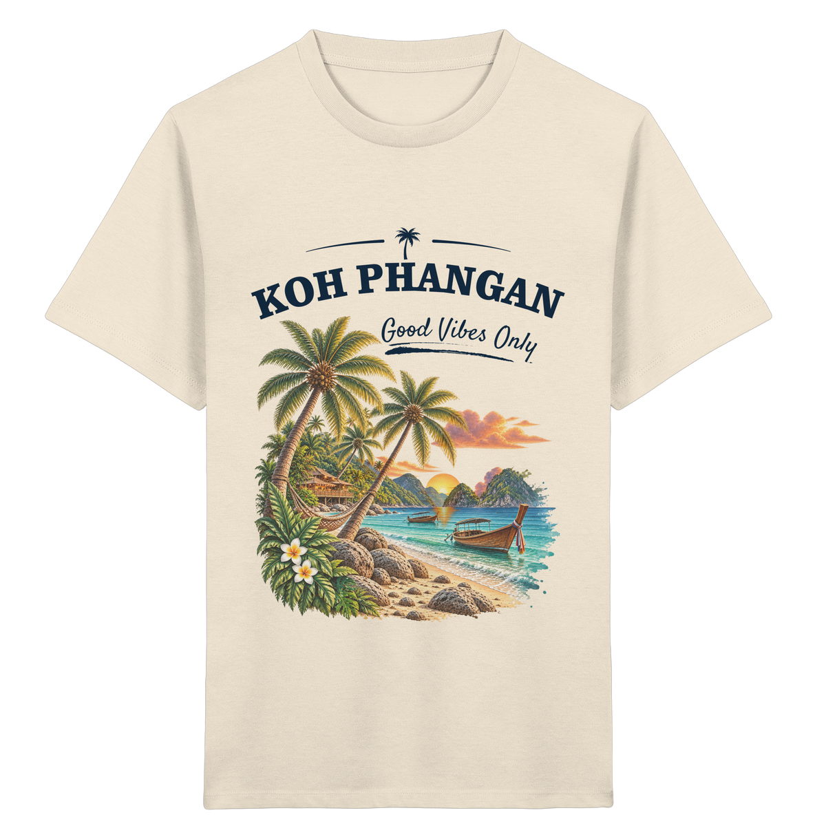 Koh Phangan Good Vibes Only – Kinder Bio T-Shirt – Frontprint – Original-Mockup kids organic shirt natural raw mit Motivdruck