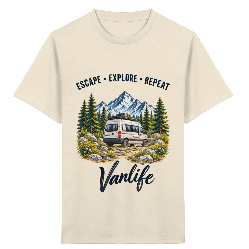 Kinder Bio T-Shirt in Natural Raw mit Escape Explore Repeat Vanlife Motiv – Produktansicht mit Frontprint