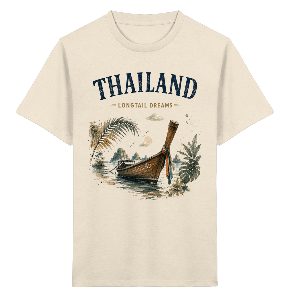 Naturfarbenes Thailand Longtail Dreams Kinder Bio-T-Shirt mit Frontmotiv