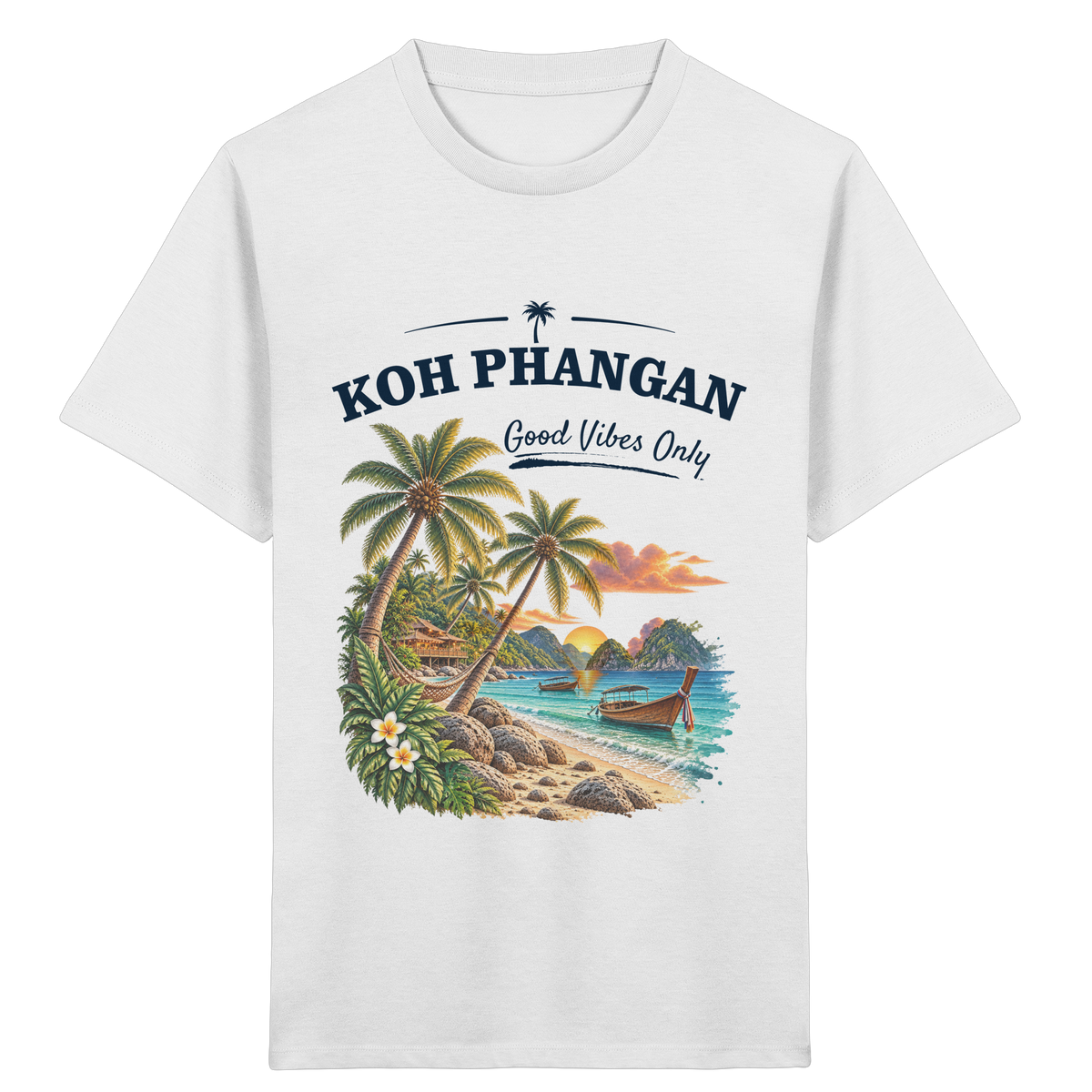Koh Phangan Good Vibes Only – Kinder Bio T-Shirt – Frontprint – Original-Mockup kids organic shirt white mit Motivdruck