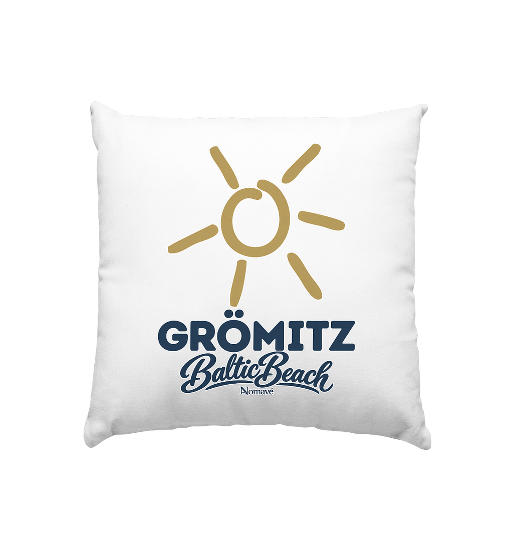 Grömitz Sonne Dekokissen 40 × 40 cm in Weiß satiniert mit goldener Sonne und Baltic-Beach-Motiv – Shirtigo-Originalmockup