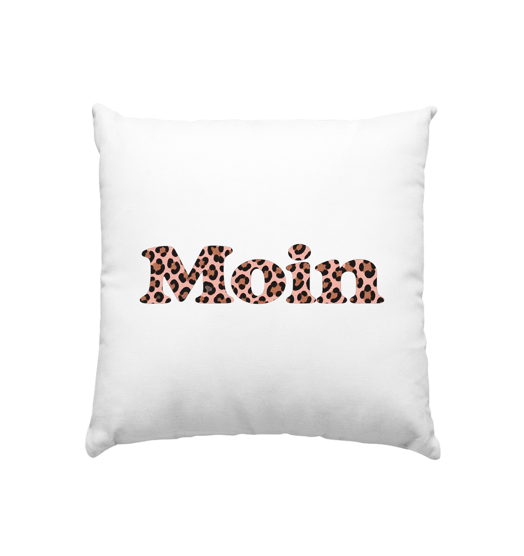 Weißes Kissen 40 × 40 cm mit Moin-Leo-Blush-Pink-Motiv auf der Vorderseite.