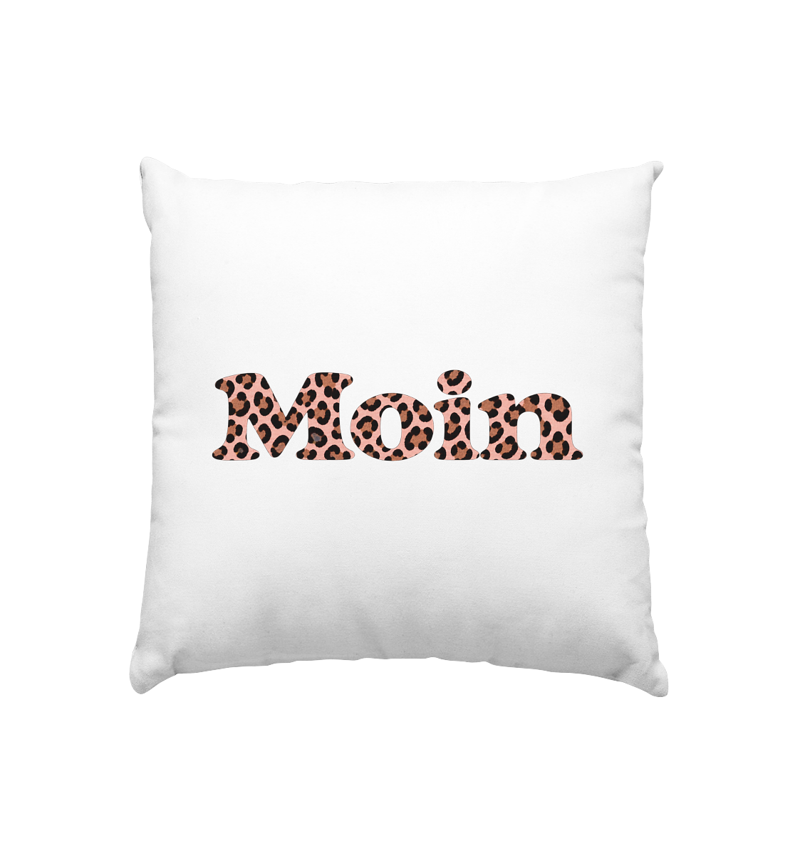 Weißes Kissen 40 × 40 cm mit Moin-Leo-Blush-Pink-Motiv auf der Vorderseite.