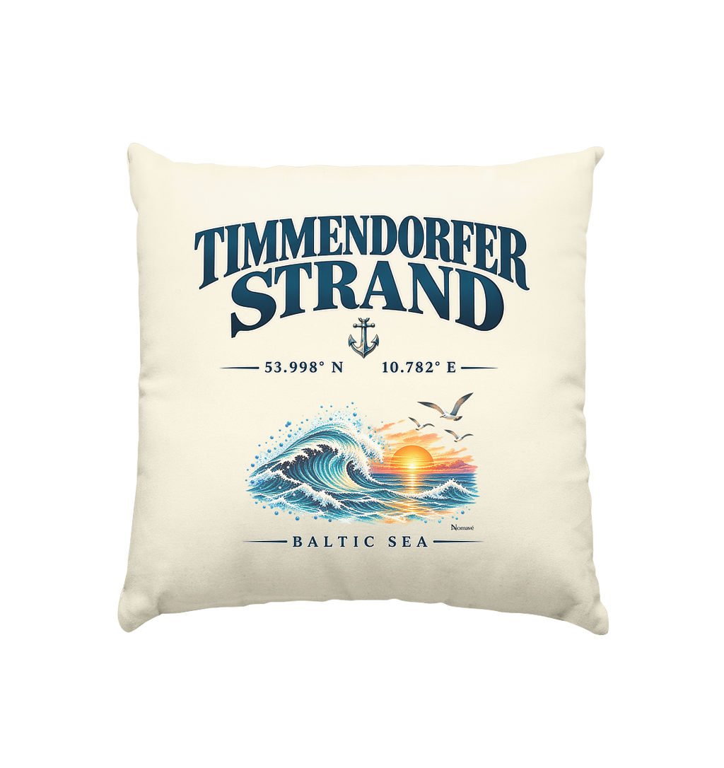 Original-Mockup 1: Kissen natur 40 × 40 cm in Natur mit Timmendorfer-Strand–Baltic-Sea-Motiv auf der Vorderseite.