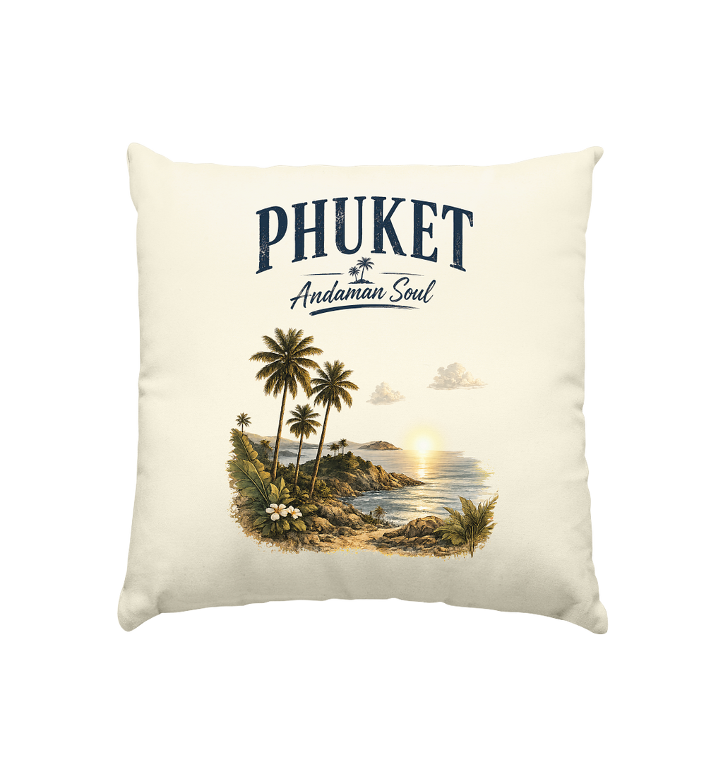 Phuket Andaman Soul Kissen in Natur 40 × 40 cm mit tropischem Vintage-Motiv – freigestelltes Produkt-Mockup