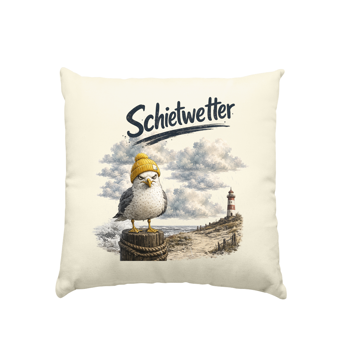 Möwe - Schietwetter - Ostsee - Leuchtturm - Maritimes Küsten Motiv - Für Ostsee und Nordsee - Fans - Kissen natur 40x40cm