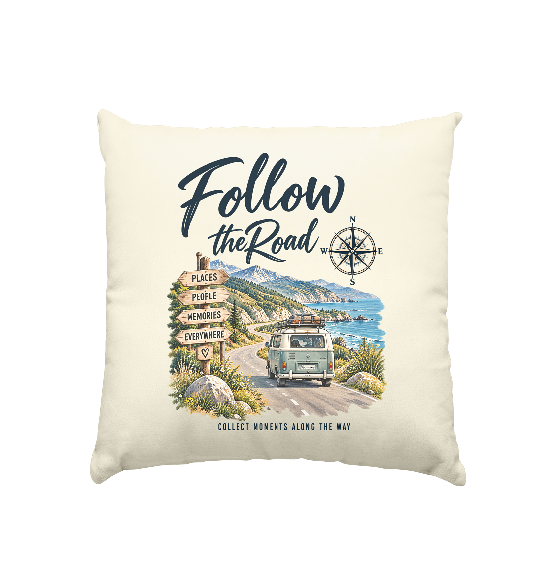 Follow the Road – Vanlife – Kissen 40 × 40 cm – Landschaftsmotiv