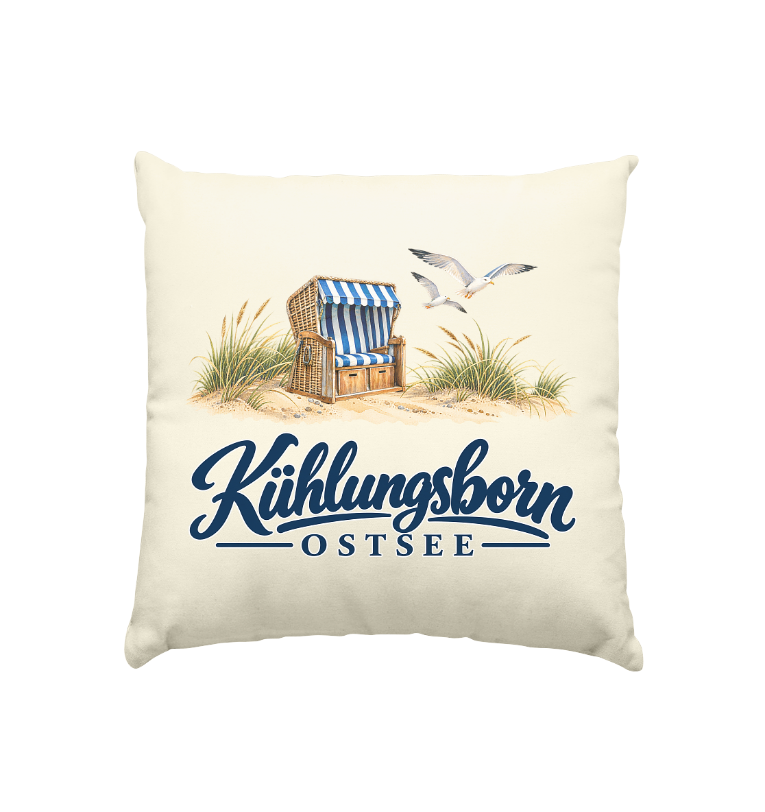 Kissen natur 40 × 40 cm mit Füllung Kühlungsborn – Strandkorb & Ostsee, Natur, Shirtigo-Originalmockup der bedruckten Vorderseite.