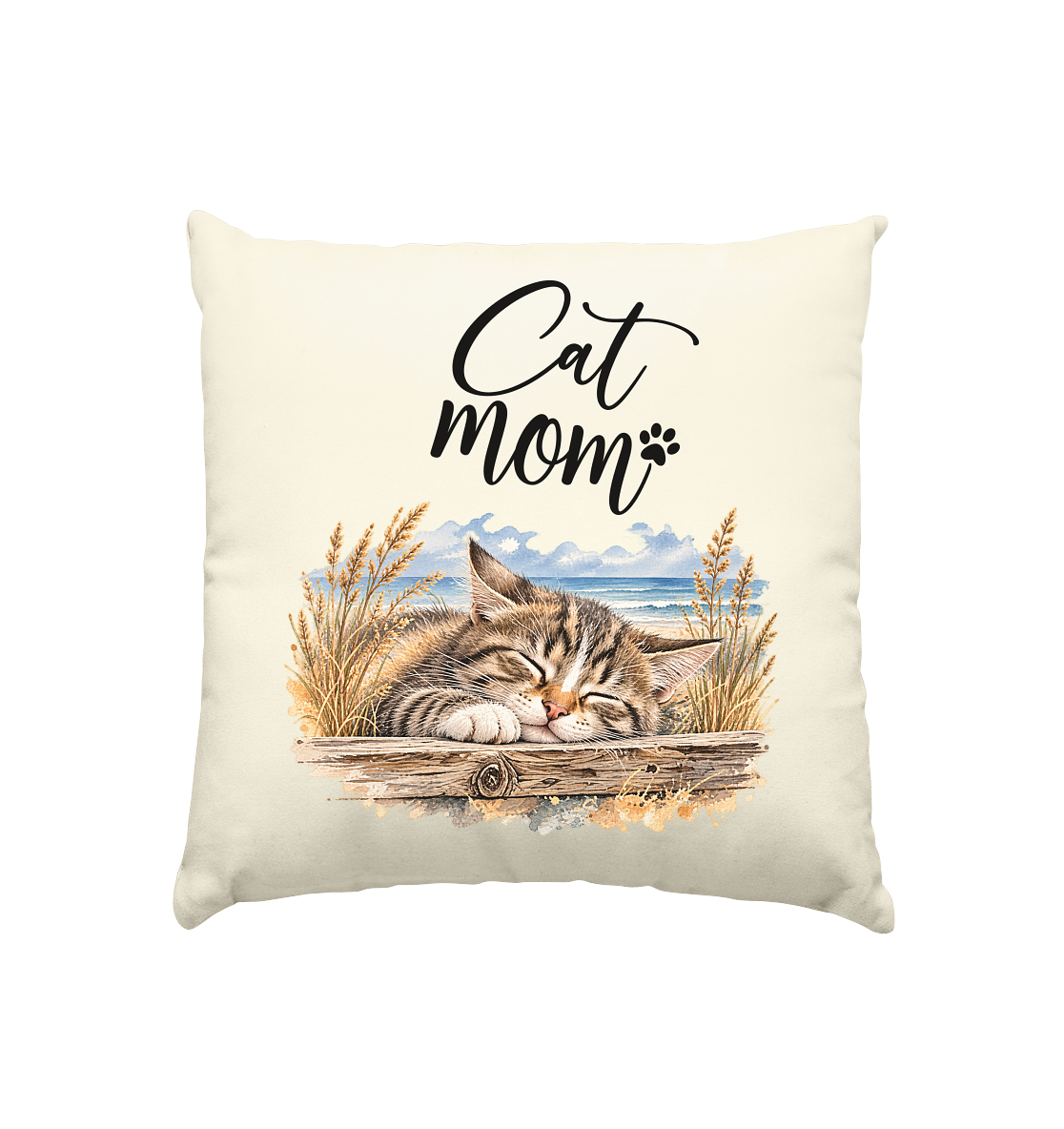 Naturfarbenes Cat-Mom-Kissen 40 × 40 cm mit schlafender Katze, Küstenmotiv und schwarzem Cat-Mom-Schriftzug.