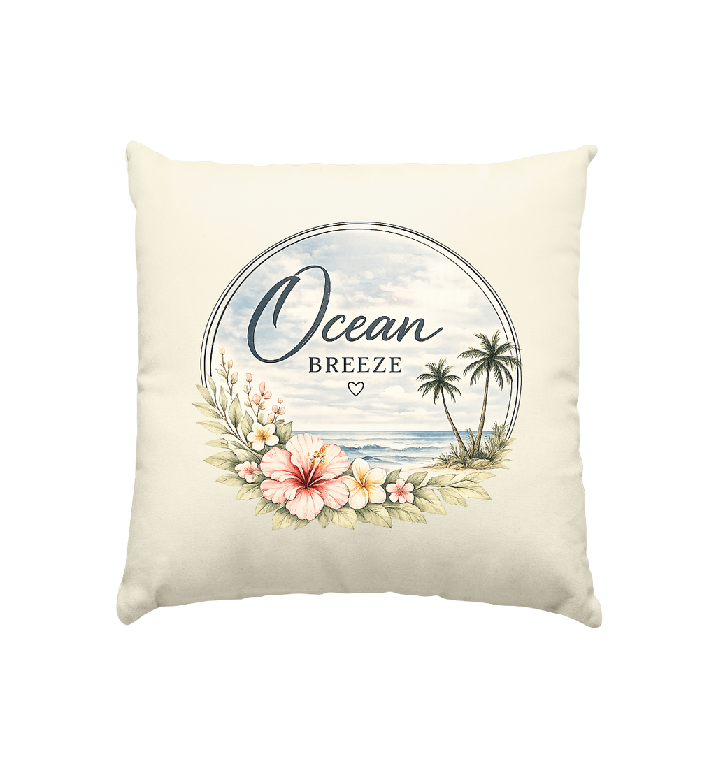 Ocean Breeze naturfarbenes Kissen, 40 × 40 cm mit floralem Küstenmotiv auf der Vorderseite – Original-Mockup