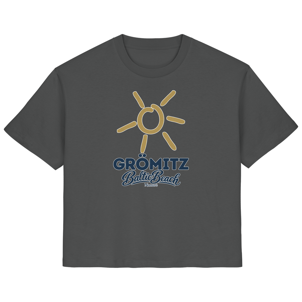 Damen Bio T-Shirt Grömitz Sonne Baltic Beach in Anthracite – Frontdruck mit goldener Sonne, Shirtigo-Originalmockup 13