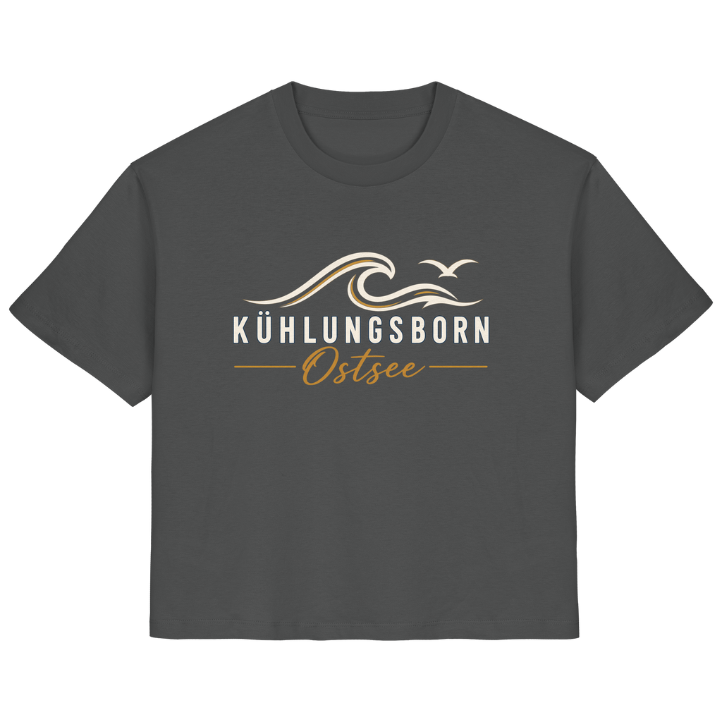 Shirtigo-Originalmockup: Damen Bio-T-Shirt Kühlungsborn Baltic Waves, Dark Edition, Anthracite, Vorderansicht mit Motiv.