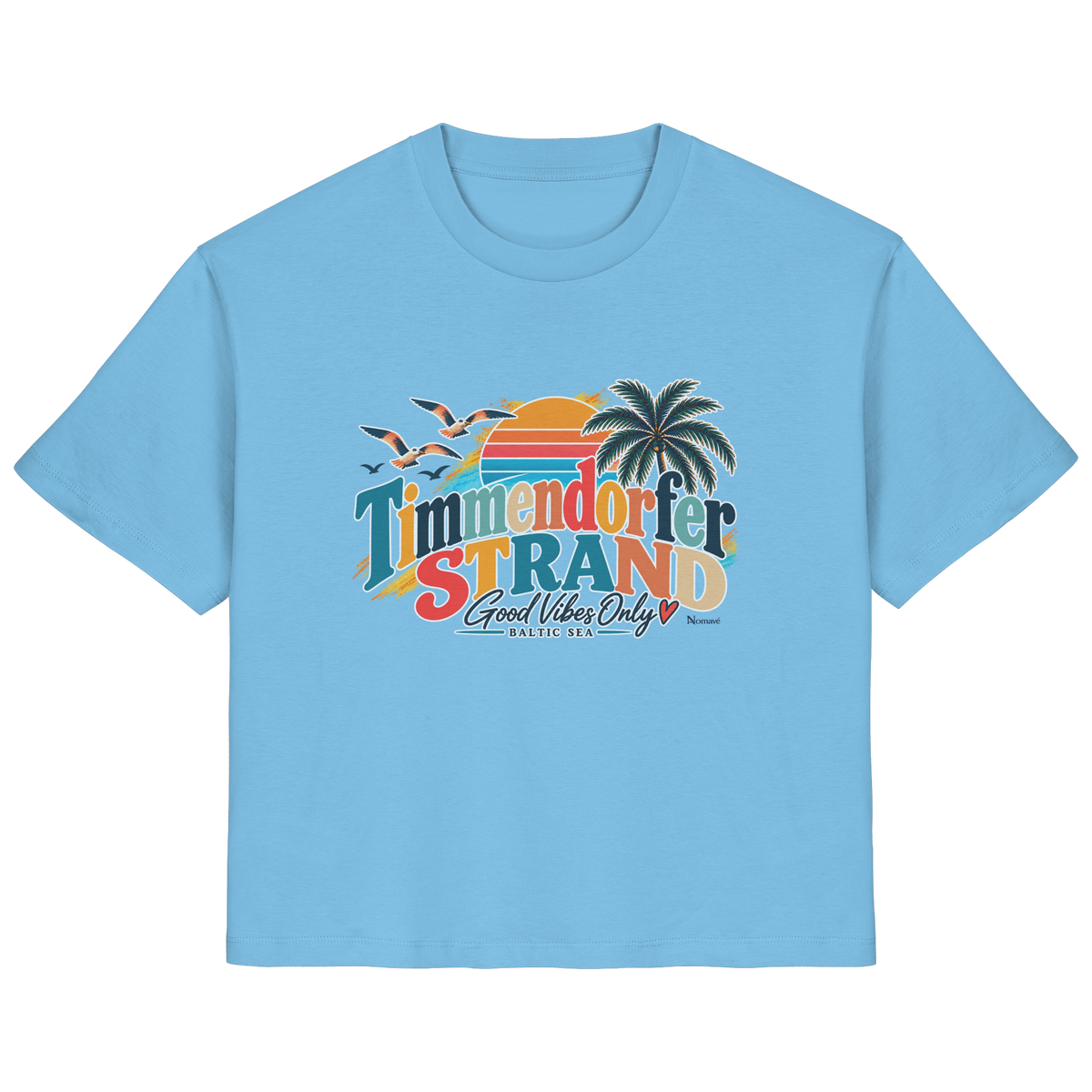 Damen-T-Shirt in Aqua Blue mit Timmendorfer-Strand-Good-Vibes-Only-Frontprint, originales Shirtigo-Produktmockup.