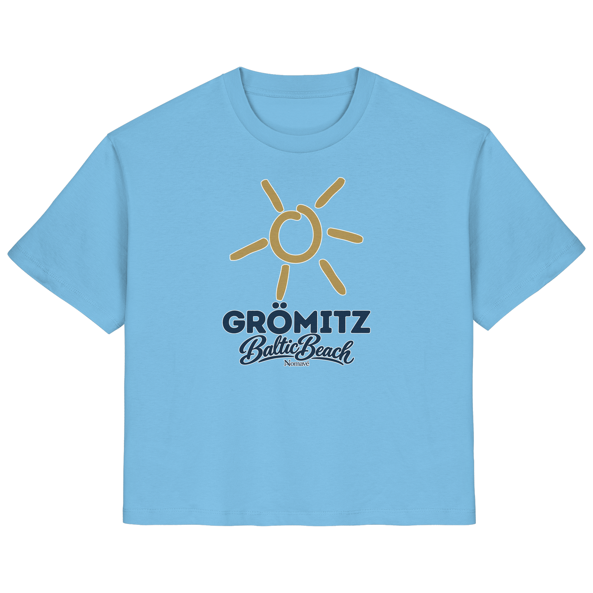 Damen Bio T-Shirt Grömitz Sonne Baltic Beach in Aqua Blue – Frontdruck mit goldener Sonne, Shirtigo-Originalmockup 9