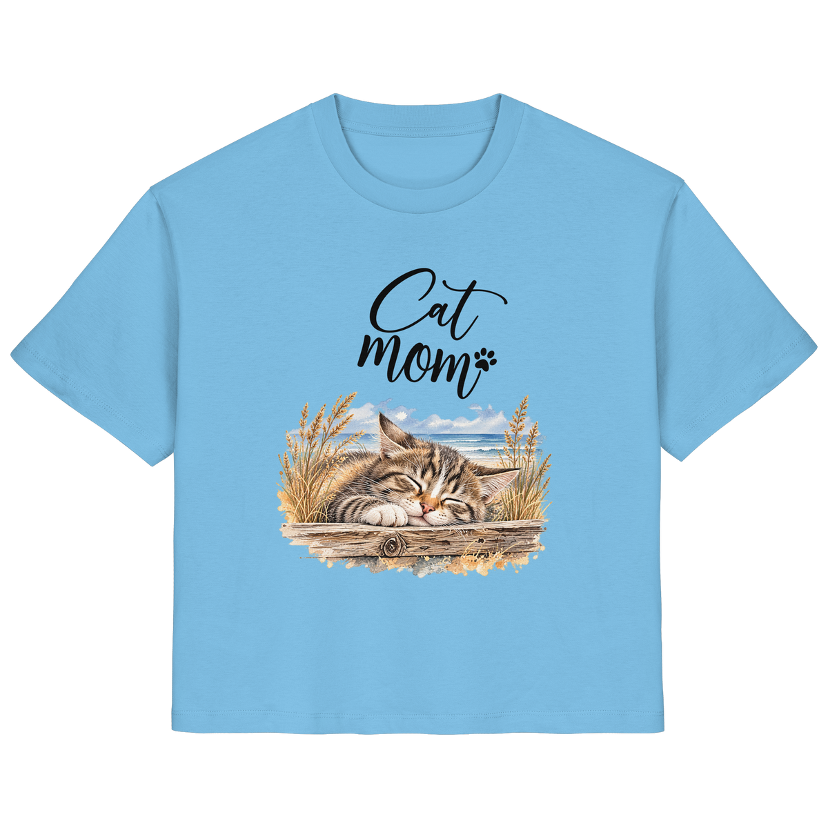 Damen Bio-T-Shirt in Aqua Blue mit Cat-Mom-Katzenmotiv als Frontprint – Vorderansicht im Original-Mockup.