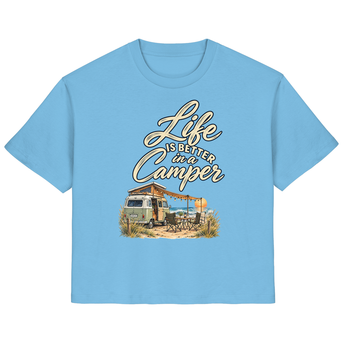 Damen Bio Shirt in Aqua Blue mit „Life is better in a Camper“-Motiv – Vorderansicht für Vanlife- und Campingfans