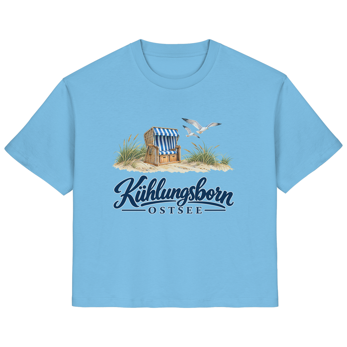 Damen Bio-T-Shirt Kühlungsborn – Strandkorb & Ostsee in Aqua Blue, Shirtigo-Originalmockup der Vorderseite mit Strandkorbmotiv.