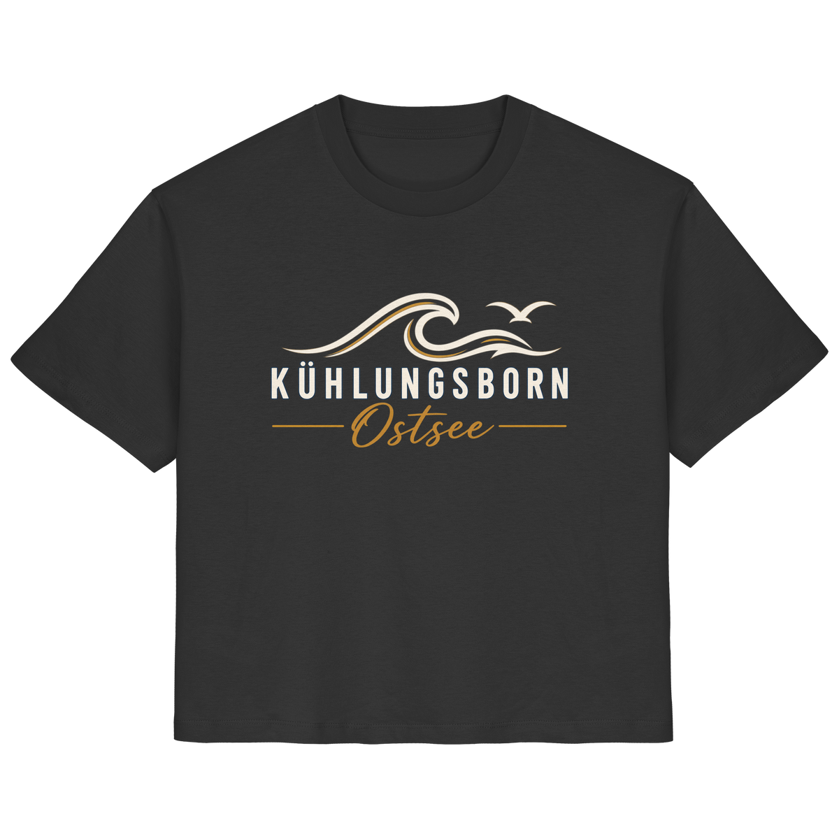 Shirtigo-Originalmockup: Damen Bio-T-Shirt Kühlungsborn Baltic Waves, Dark Edition, Black, Vorderansicht mit Motiv.