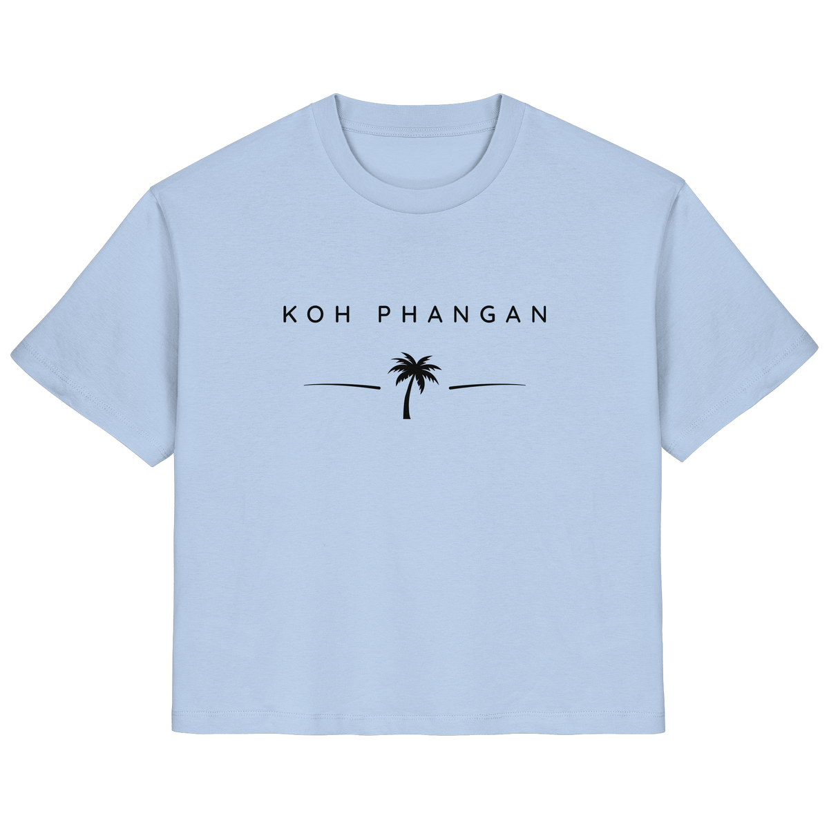 Frontansicht des Damen Bio T-Shirt in Blue Soul mit Koh Phangan Minimal Palm Frontprint