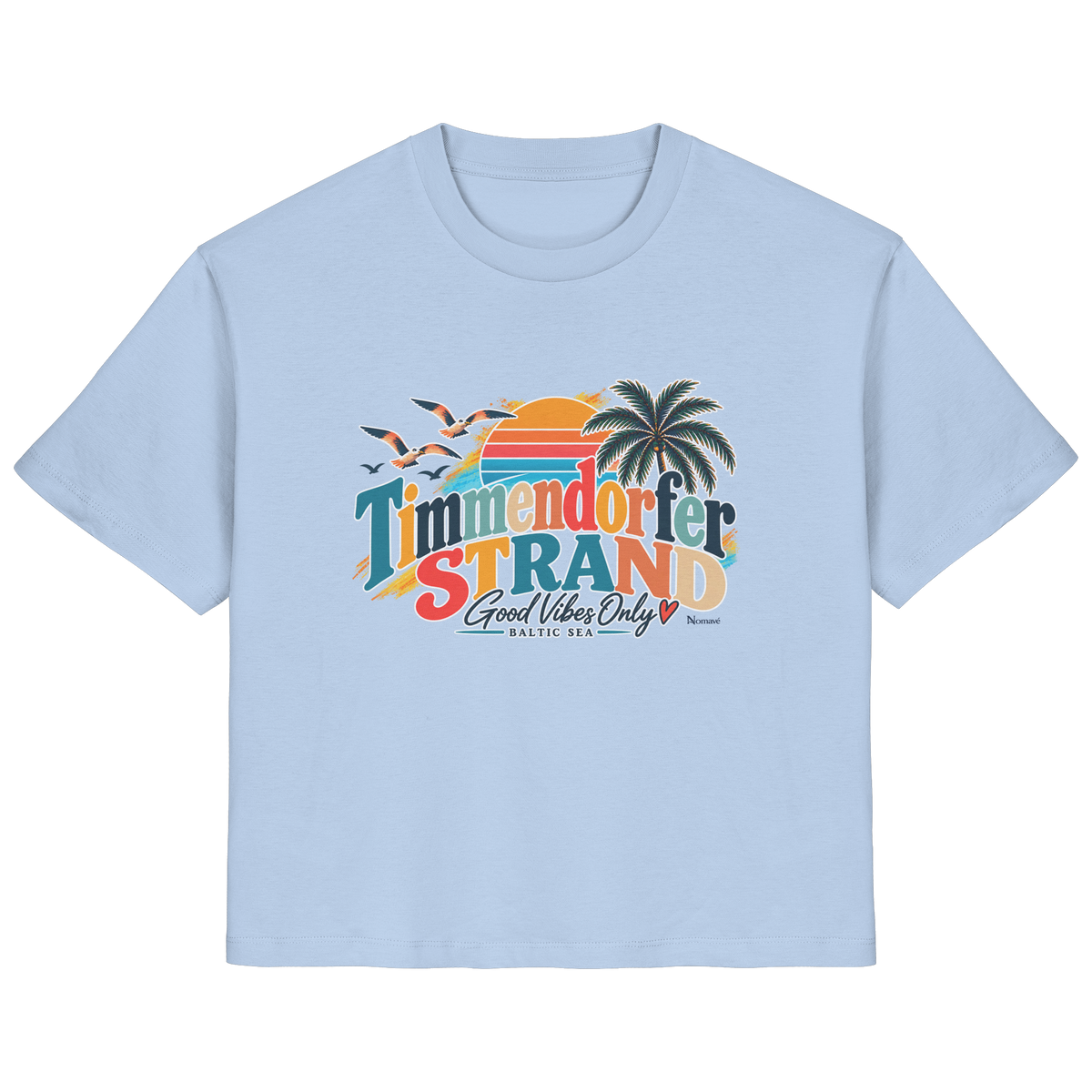 Damen-T-Shirt in Blue Soul mit Timmendorfer-Strand-Good-Vibes-Only-Frontprint, originales Shirtigo-Produktmockup.
