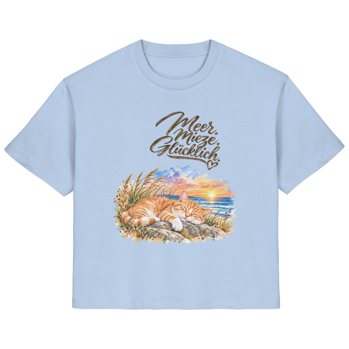 Original-Mockup: Damen-Bio-T-Shirt in Blue Soul mit Meer. Mieze. Glücklich.-Katzenmotiv auf der Vorderseite.