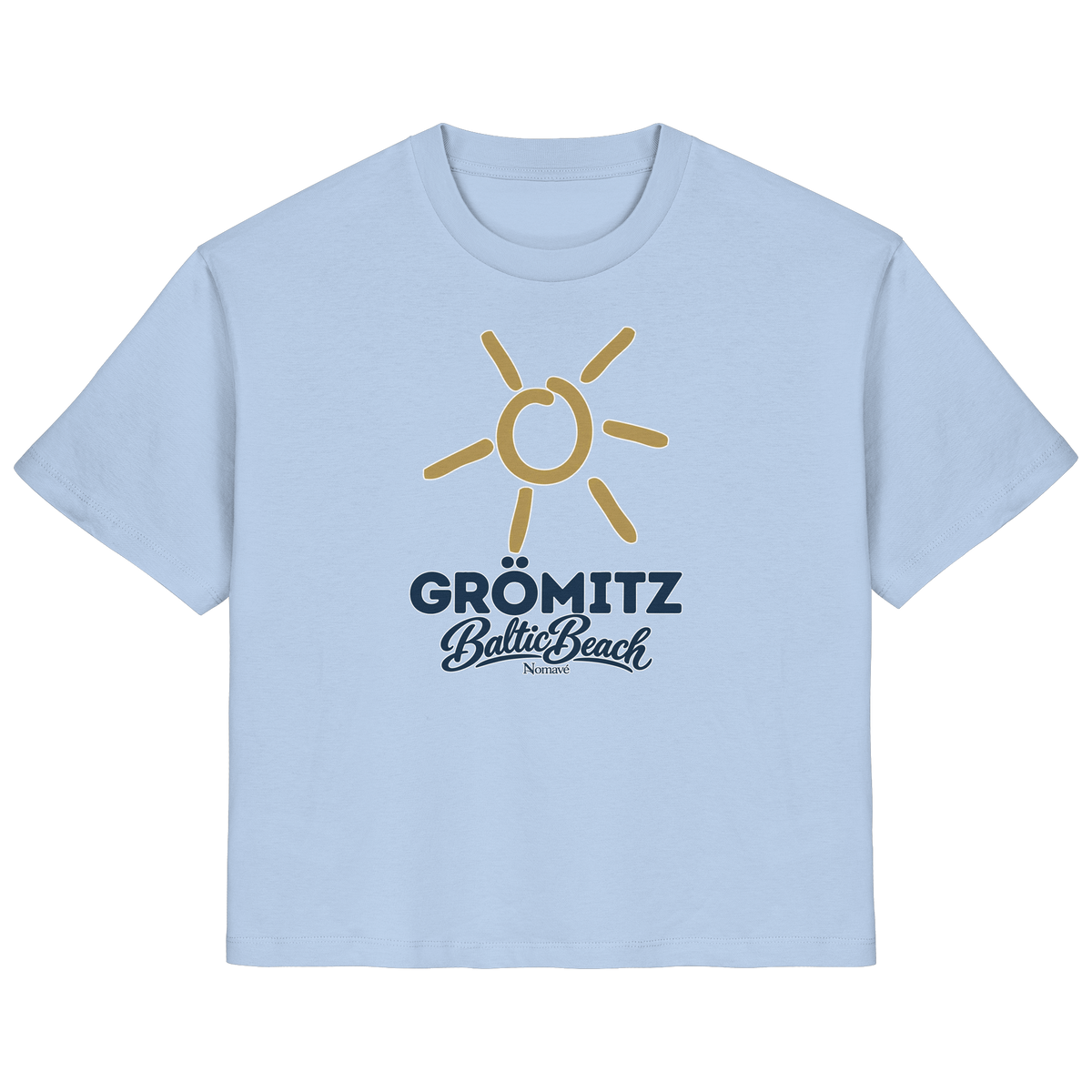 Damen Bio T-Shirt Grömitz Sonne Baltic Beach in Blue Soul – Frontdruck mit goldener Sonne, Shirtigo-Originalmockup 7