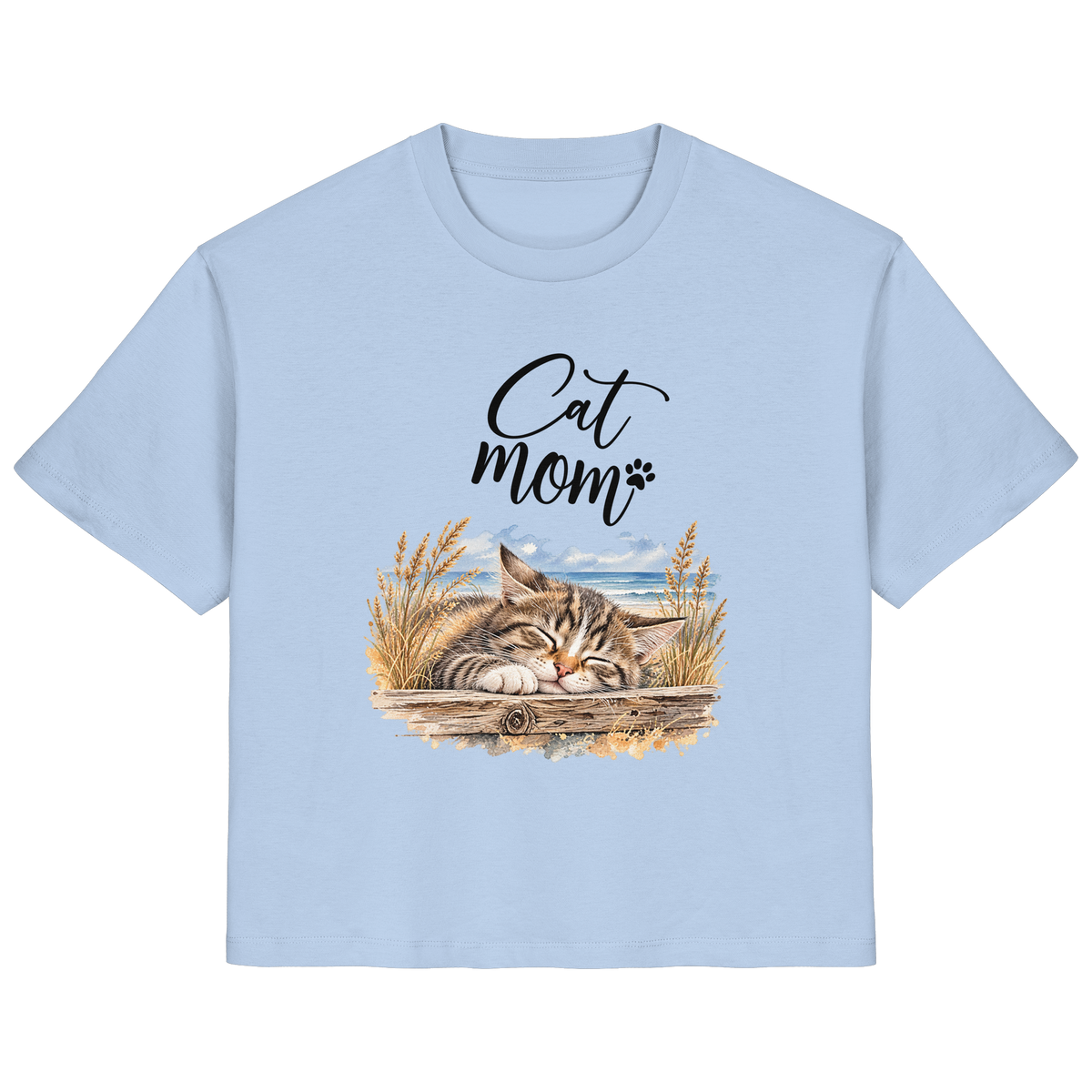 Damen Bio-T-Shirt in Blue Soul mit Cat-Mom-Katzenmotiv als Frontprint – Vorderansicht im Original-Mockup.