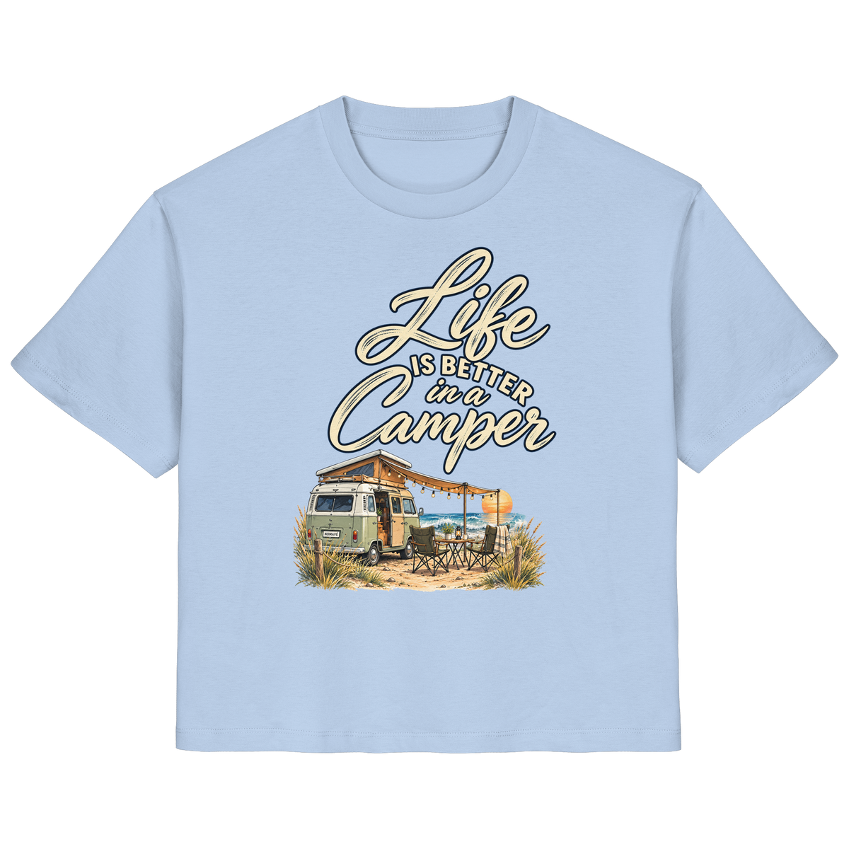 Damen Bio Shirt in Blue Soul mit „Life is better in a Camper“-Motiv – Vorderansicht für Vanlife- und Campingfans