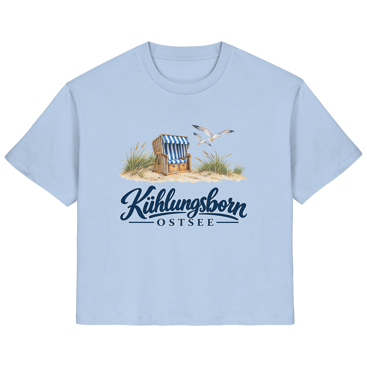 Damen Bio-T-Shirt Kühlungsborn – Strandkorb & Ostsee in Blue Soul, Shirtigo-Originalmockup der Vorderseite mit Strandkorbmotiv.