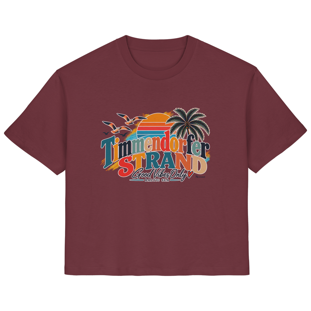 Damen-T-Shirt in Burgundy mit Timmendorfer-Strand-Good-Vibes-Only-Frontprint, originales Shirtigo-Produktmockup.