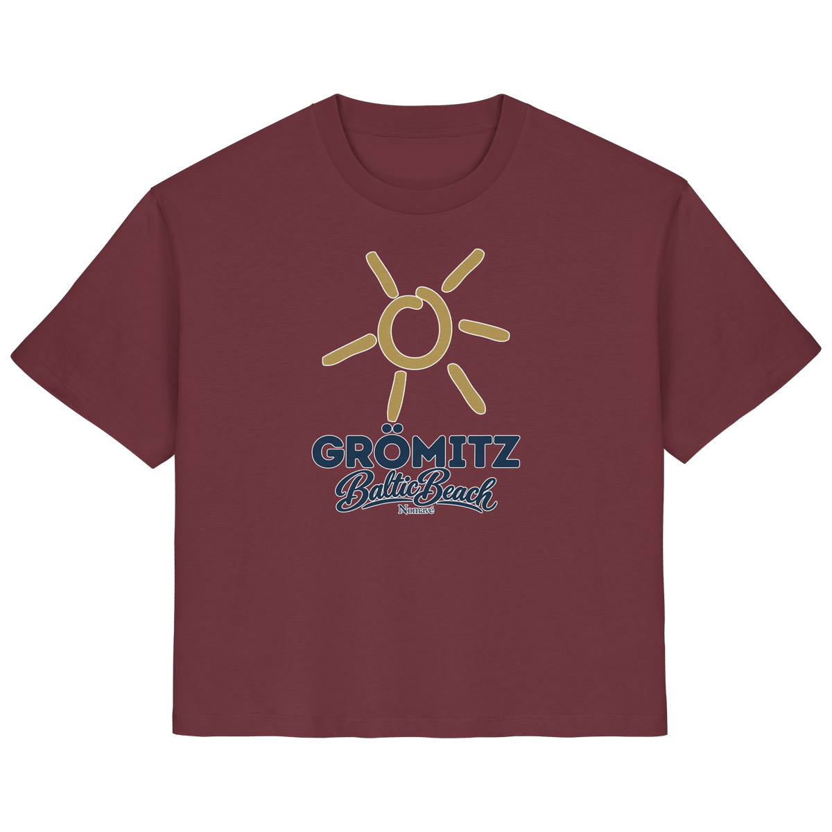 Damen Bio T-Shirt Grömitz Sonne Baltic Beach in Burgundy – Frontdruck mit goldener Sonne, Shirtigo-Originalmockup 12