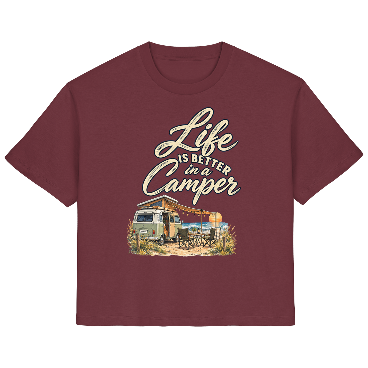 Damen Bio Shirt in Burgundy mit „Life is better in a Camper“-Motiv – Vorderansicht für Vanlife- und Campingfans