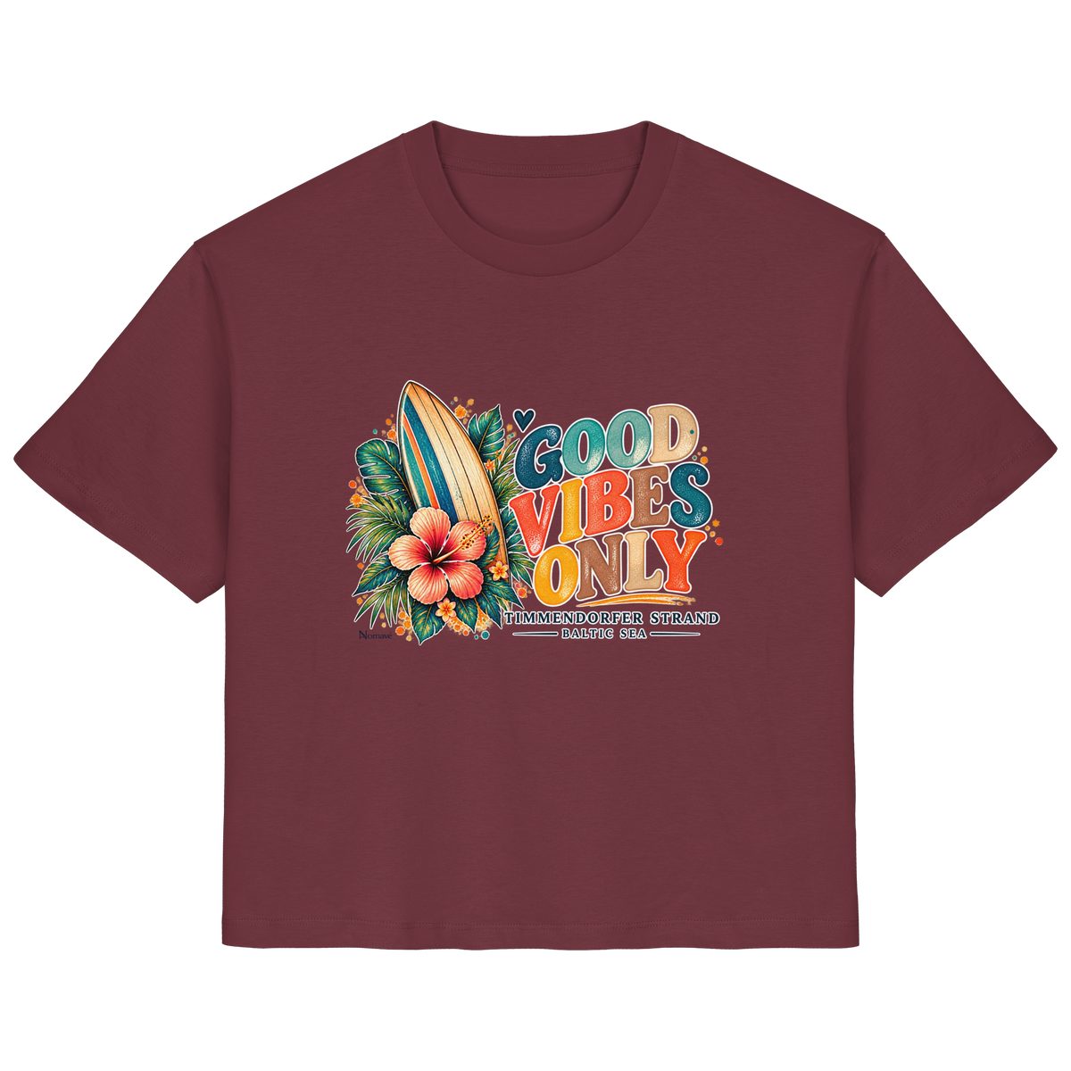 Timmendorfer Strand – Surf Vibes – Damen Bio-T-Shirt mit Frontprint in Burgundy – Katalog-Vorderansicht mit Surfboard, Hibiskus und Good-Vibes-Only-Frontprint.