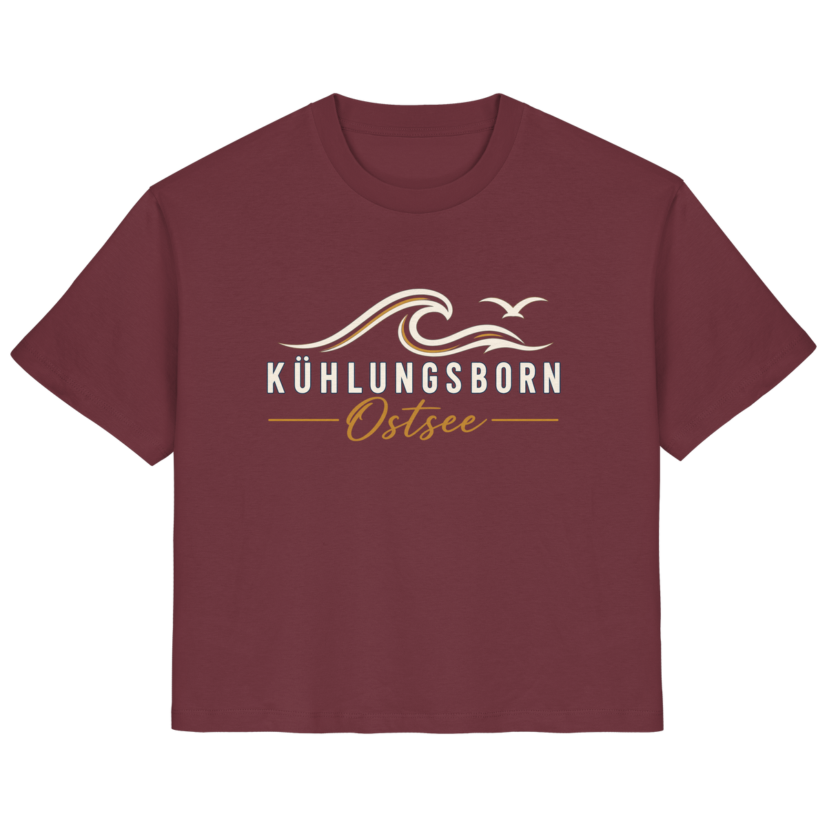 Shirtigo-Originalmockup: Damen Bio-T-Shirt Kühlungsborn Baltic Waves, Dark Edition, Burgundy, Vorderansicht mit Motiv.