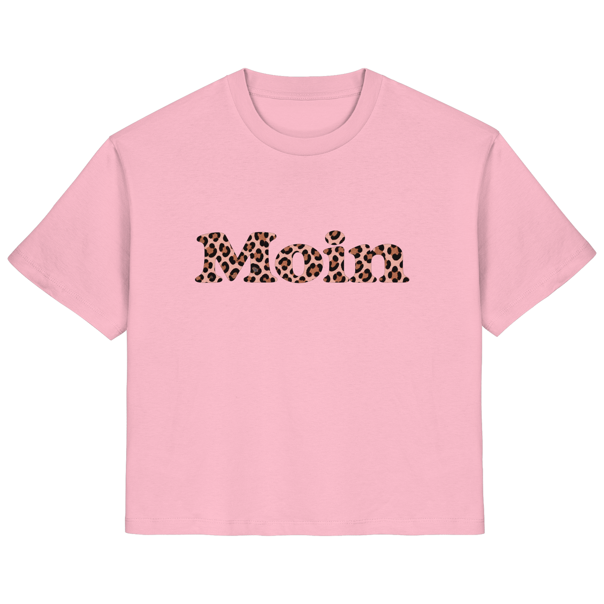 Damen-Bio-T-Shirt in Cotton Pink mit Moin-Leo-Blush-Pink-Motiv auf der Vorderseite.