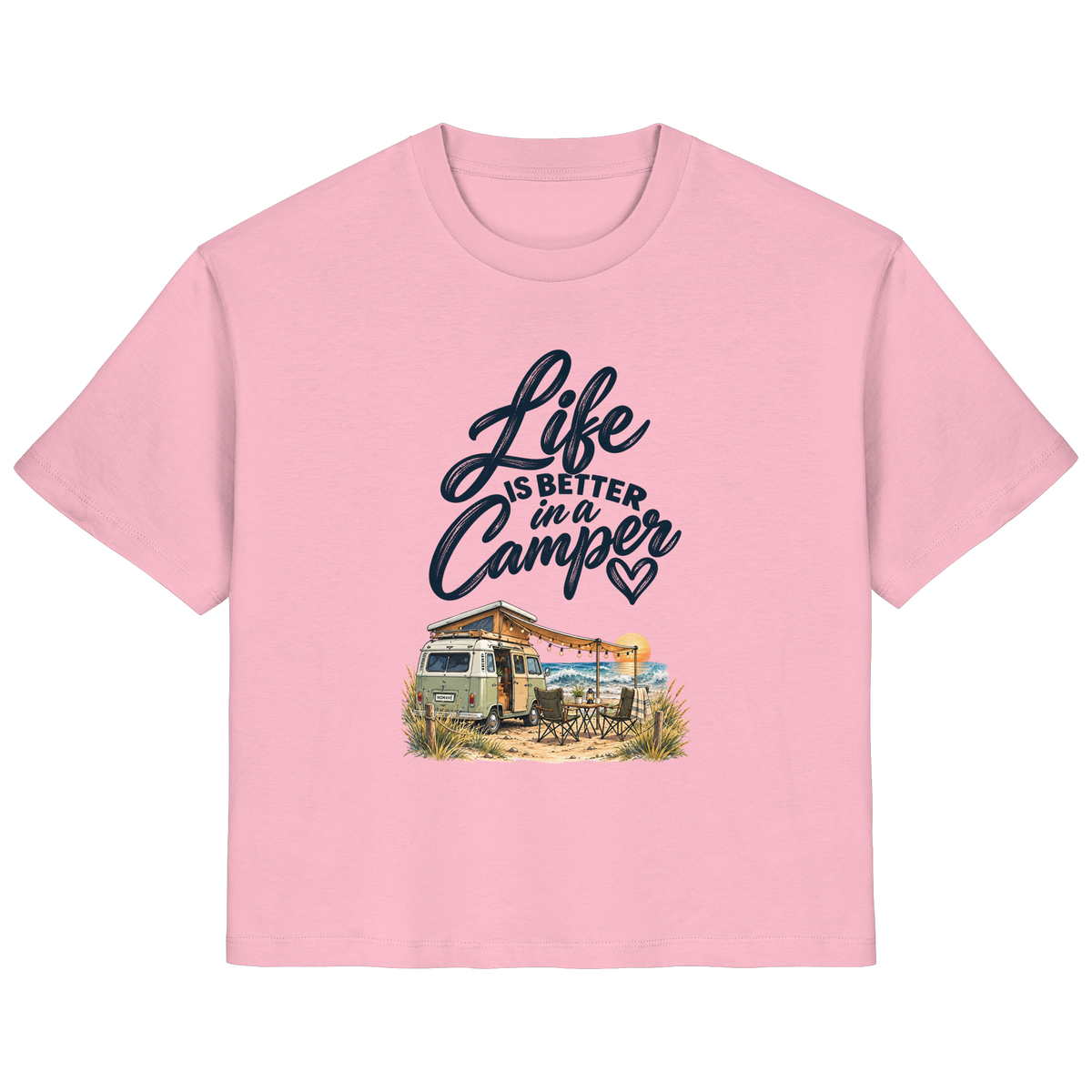 Damen Bio Shirt mit „Life is better in a Camper“-Motiv – Vorderansicht in Cotton Pink für Vanlife- und Campingfans